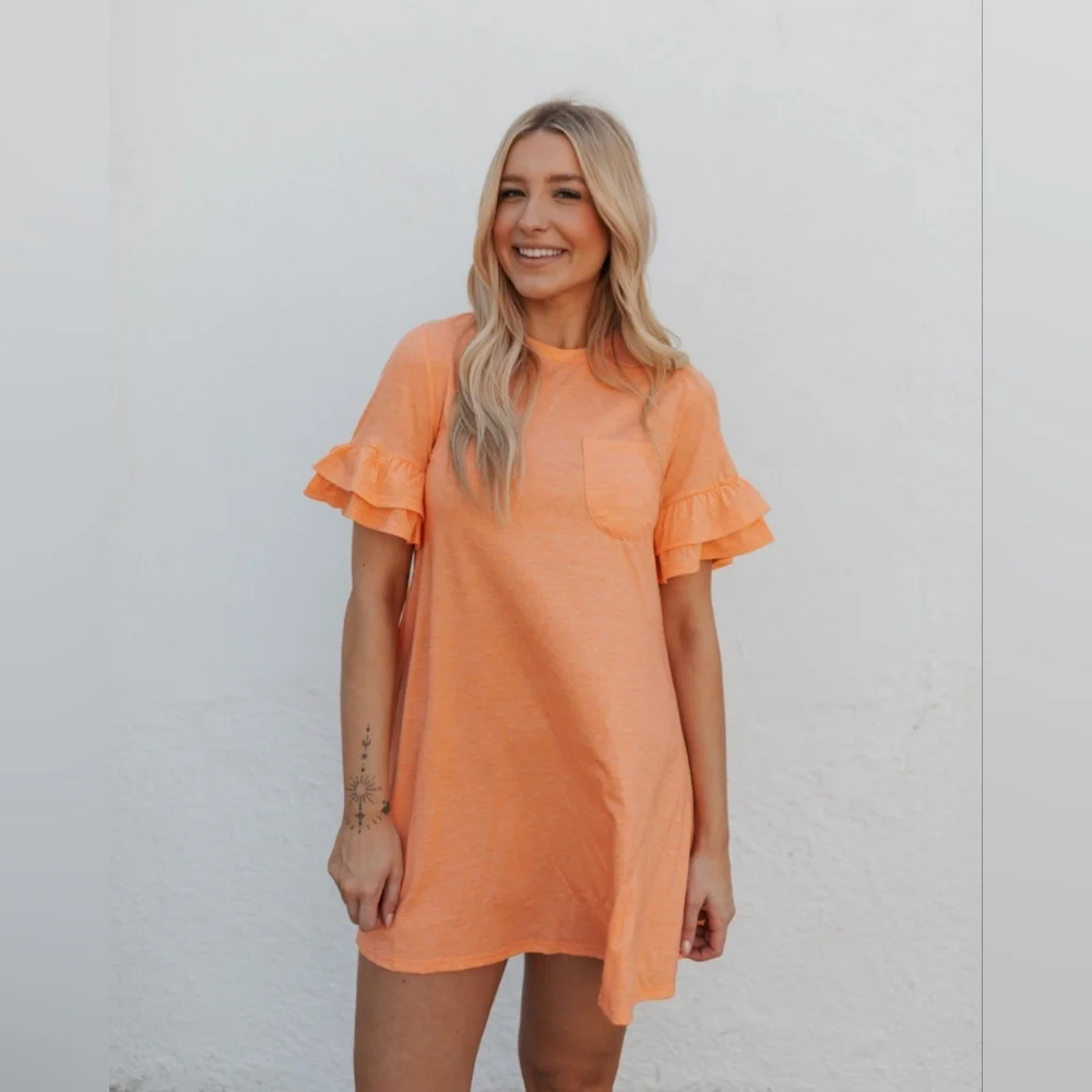 🧡☀️NWT New In "Sunny☀️Dress" Orange🧡 Ruffle Sleeves • Pocket on Chest • Large - Picture 1 of 11